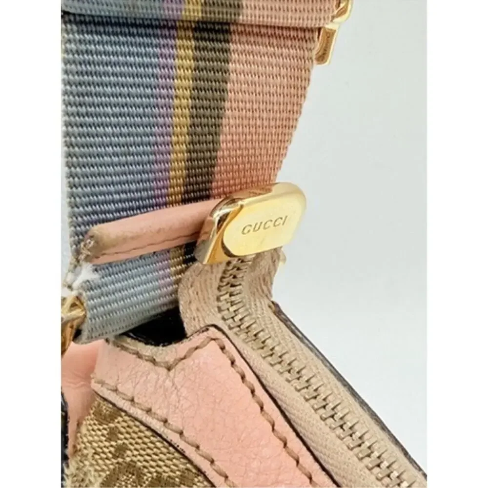 Gucci Monogram Web Medium Half Moon pastel Accents Canvas W/Leather trim.